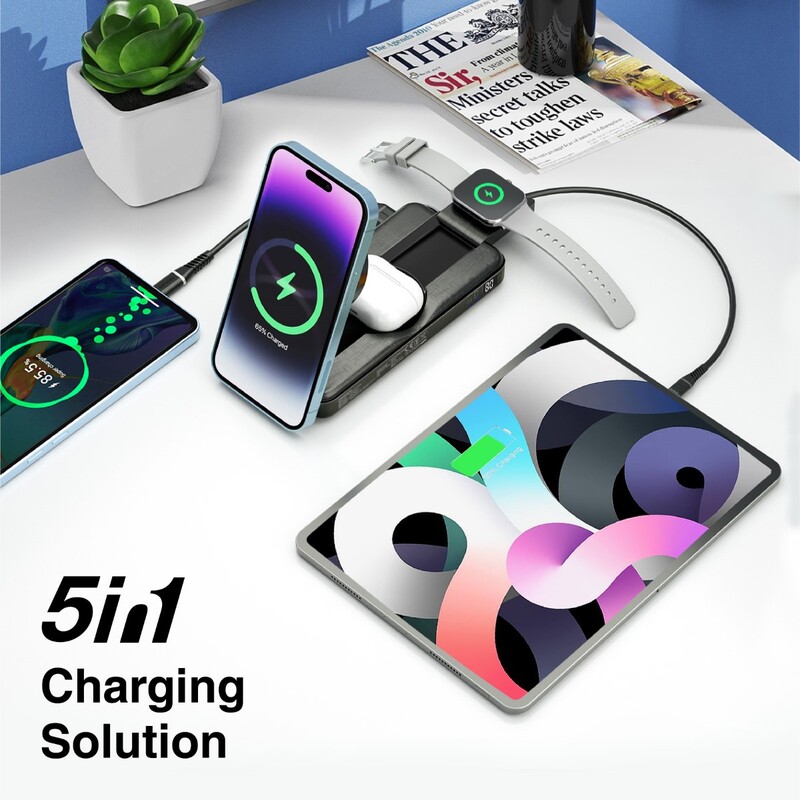 Promate Power Bank with Foldable Design, 15W MagSafe Compatible Charger, 2W Apple Watch Charger, 3W AirPods Pro Charger, 20W USB-C Power Delivery and 18W QC 3.0 Ports for iPhone 14, Galaxy S23